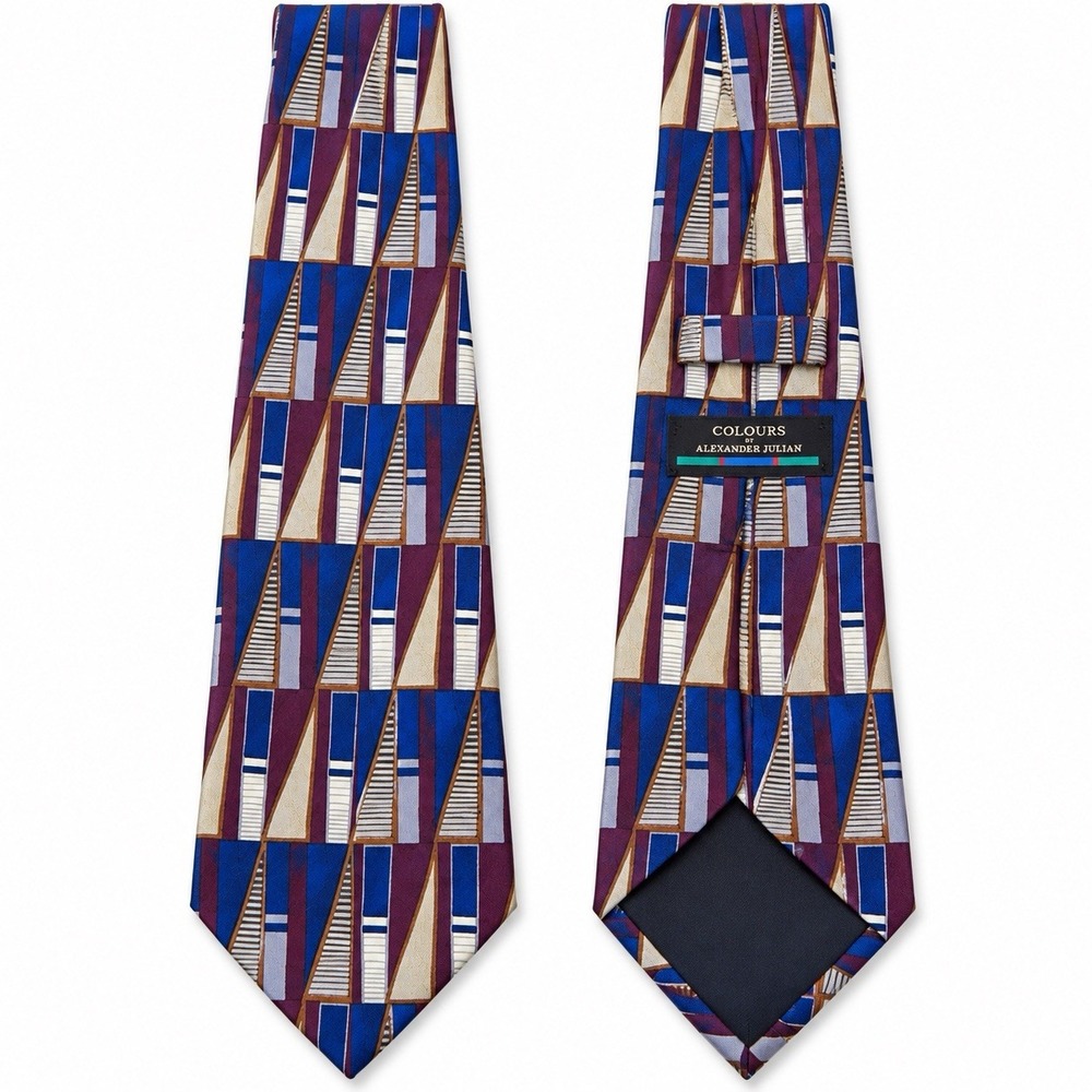 Colours by Alexander Julian Men’s 100% Silk Tie Blue Burgundy Geometric Necktie